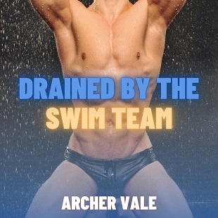 Audiobook cover showing a smooth, athletic swimmer kneeling in the locker room during a gangbang.